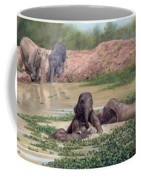 Elephant Coffee Mug featuring the painting Asian Elephants - In support of Boon Lott's Elephant Sanctuary by Rachel Stribbling