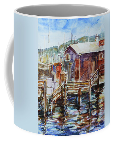 Landscape Coffee Mug featuring the painting At Monterey Wharf CA by Xueling Zou