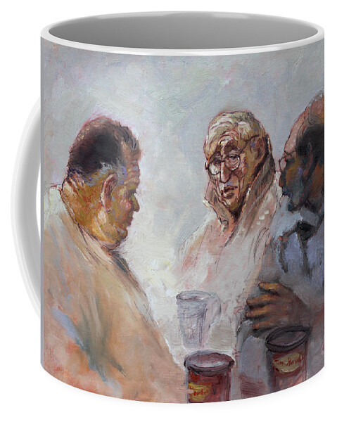At Tim Hortons Coffee Mug featuring the painting At Tim Hortons by Ylli Haruni