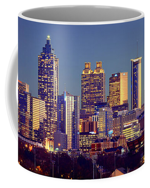 Atlanta Coffee Mug featuring the photograph Atlanta Skyline at Dusk Downtown Color Panorama by Jon Holiday