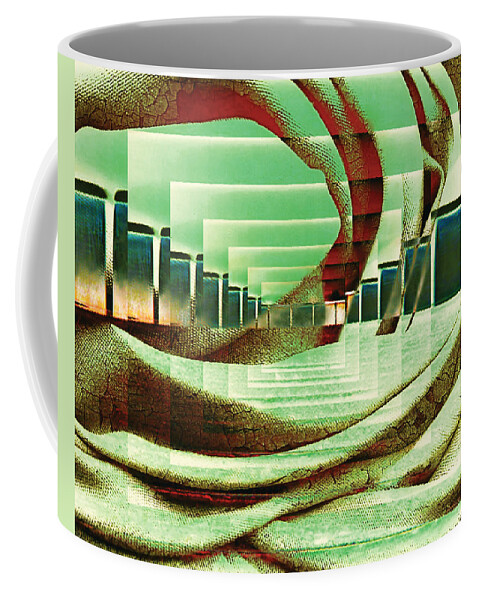 Abstract Rust Peach Green Blue Brown Horizontal Atrium Room Gallery Middle Future Futuristic Lines Curves Rectangles Slopes Public Architecture Modern Design Reflection Water Glass Interior Transparent Hallway Meeting Coffee Mug featuring the digital art Atrium by Paula Ayers