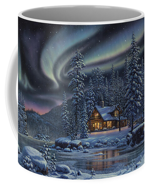 Winter Coffee Mug featuring the painting Aurora Bliss by Kim Norlien