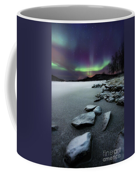Aurora Borealis Coffee Mug featuring the photograph Aurora Borealis Over Sandvannet Lake by Arild Heitmann
