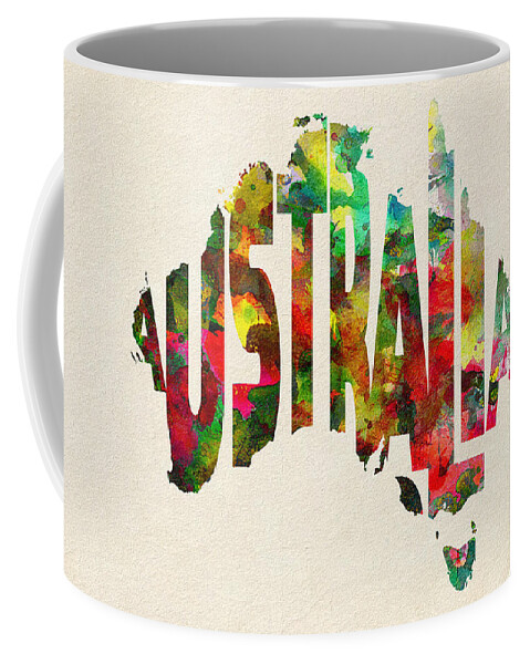 Australia Coffee Mug featuring the painting Australia Typographic Watercolor Map by Inspirowl Design