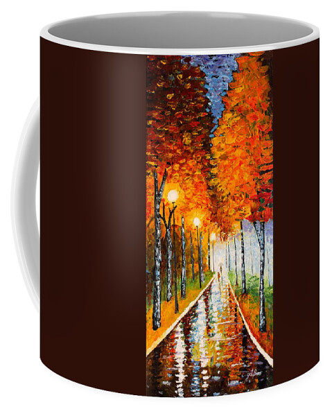 Autumn Coffee Mug featuring the painting Autumn Park Night Lights palette knife by Georgeta Blanaru