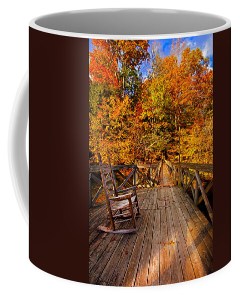 Autumn Leaves Coffee Mug featuring the photograph Autumn Rocking on Wooden Bridge Landscape Print by Jerry Cowart