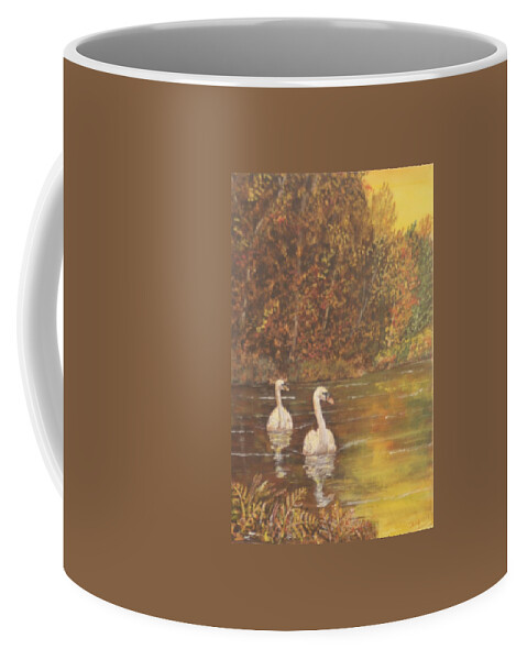 Autumn Coffee Mug featuring the painting Autumn swans left by David Capon