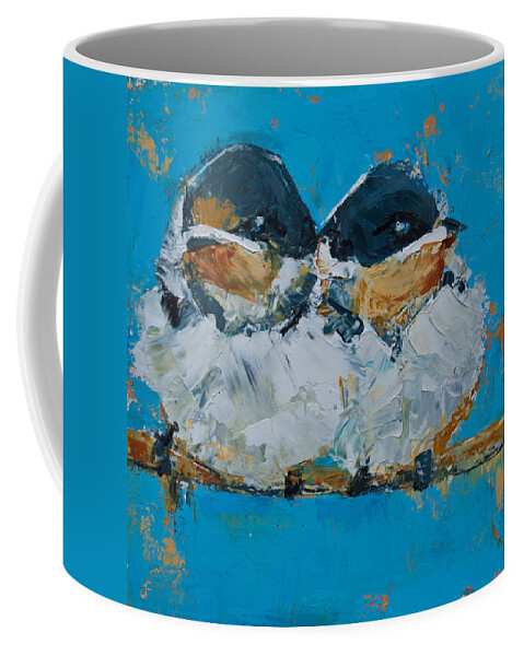 Sparrows Coffee Mug featuring the painting Baby Birds - Fledglings by Jani Freimann