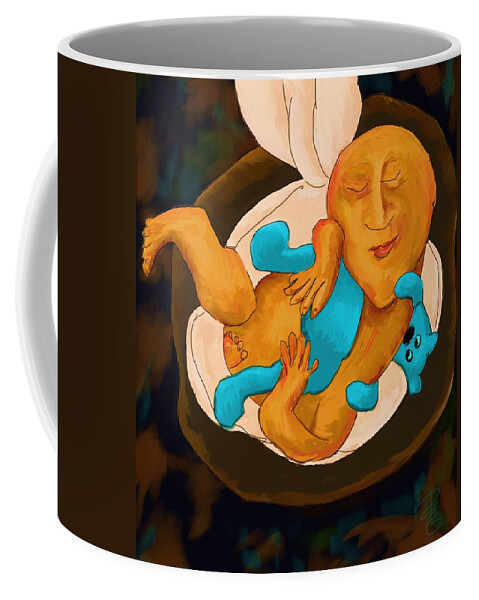 Baby Coffee Mug featuring the digital art Baby with blue bear by Debra Baldwin