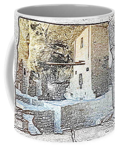 Mesa Verde Coffee Mug featuring the digital art Balcony House Window View at Mesa Verde National Park Anasazi Ruins Colored Pencil by Shawn O'Brien