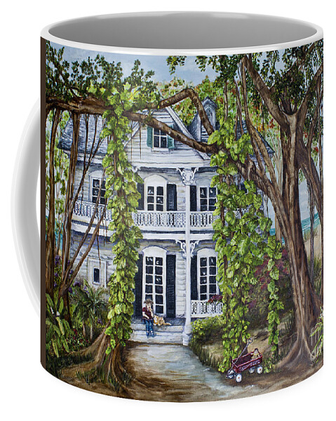 Banyan Tree Coffee Mug featuring the painting Banyan Beach House by Janis Lee Colon