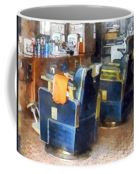 Barber Coffee Mug featuring the photograph Barber Chair With Orange Barber Cape by Susan Savad