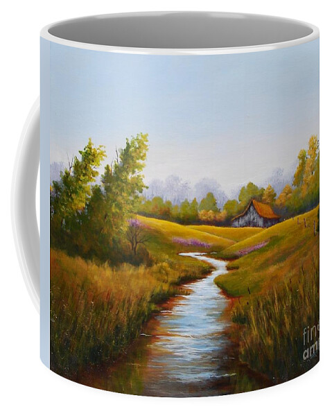 Barn Coffee Mug featuring the painting Barn and Stream by Jerry Walker