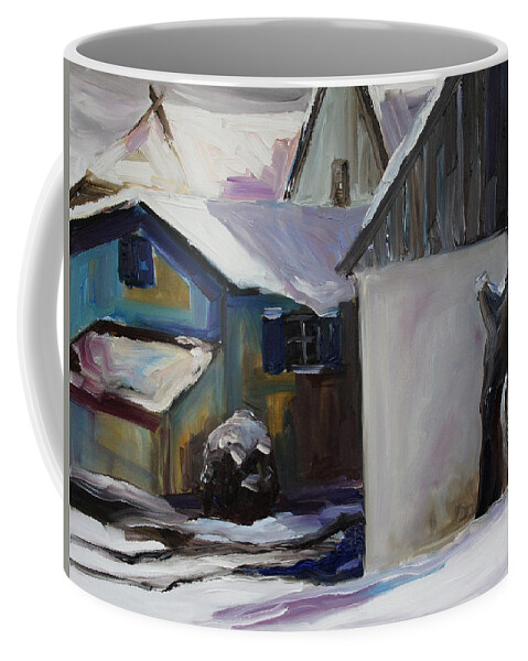 Winter Coffee Mug featuring the painting Barnstable With Blue Shutters In Winter by Barbara Pommerenke
