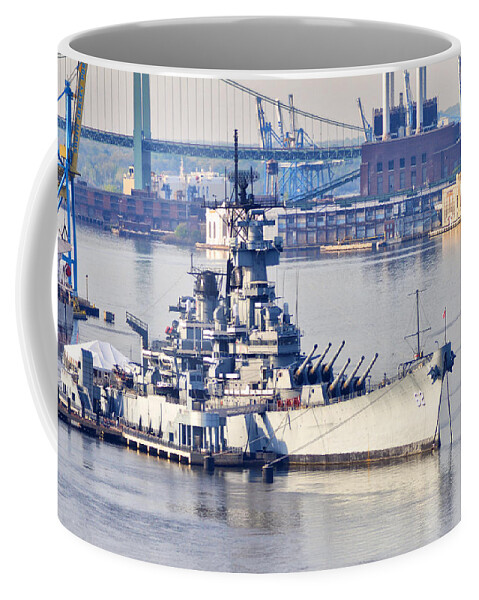 Battleship Coffee Mug featuring the photograph Battleship New Jersey and the Walt Whitman Bridge by Bill Cannon