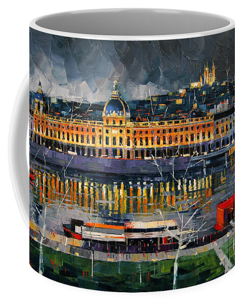 Before The Storm View On Hotel Dieu Lyon And The Rhone France Coffee Mug featuring the painting Before The Storm - View On Hotel Dieu Lyon And The Rhone France by Mona Edulesco