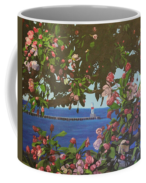 Lighthouse Coffee Mug featuring the painting Beginnings of Summer at the Waterfront by Wendy Shoults
