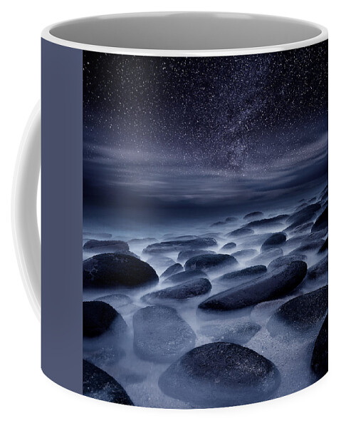 Night Beach Stars Portugal Waterscape Mood Ocean Scenic Landscape Sea Rocks Water Seascape Clouds Blue Longexposure Nature Europe European Milky Way Coffee Mug featuring the photograph Beyond our Imagination by Jorge Maia