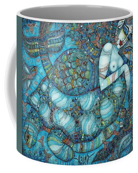 Blue Coffee Mug featuring the painting Beyond The Oceans... #1 by Albena Vatcheva
