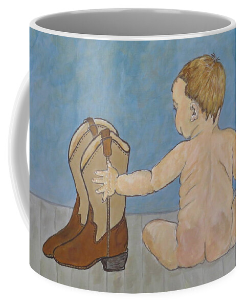 Infant Coffee Mug featuring the painting Big Boots to Fill by Ella Kaye Dickey