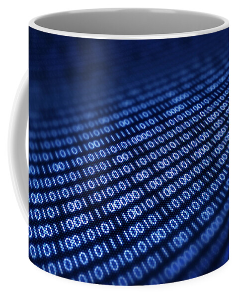 Blue Coffee Mug featuring the photograph Binary code on pixellated screen by Johan Swanepoel