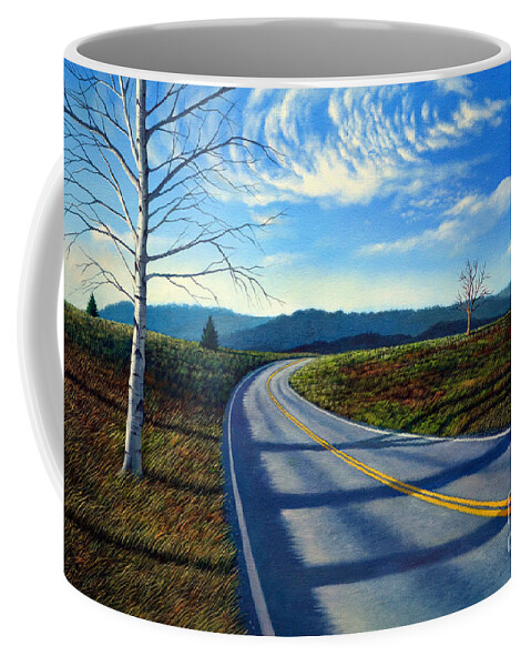 Birch Coffee Mug featuring the painting Birch tree along the road by Christopher Shellhammer