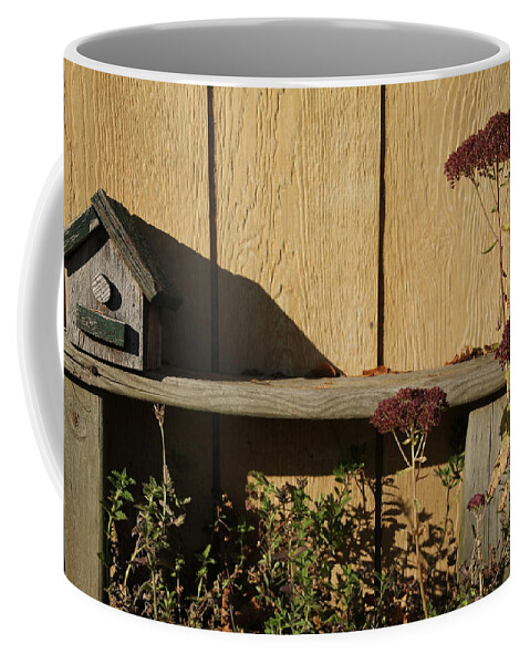 Bird House Coffee Mug featuring the photograph Bird House on Bench by Valerie Collins