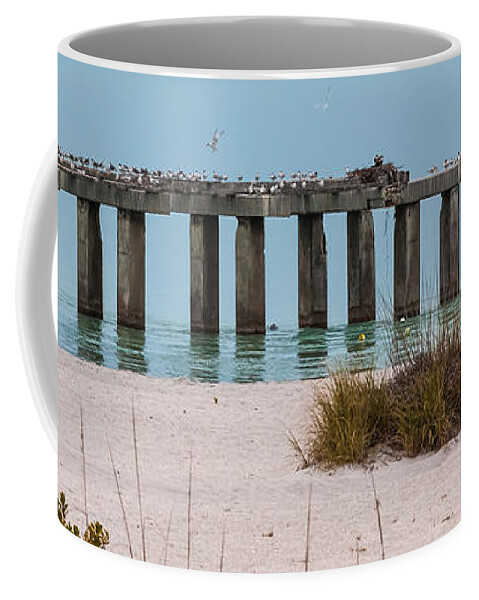 Beach Coffee Mug featuring the photograph Birds Only Pier by Ed Gleichman