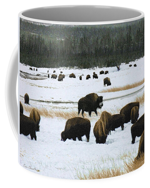Wild Bison Coffee Mug featuring the mixed media Bison Cows Browsing by Kae Cheatham