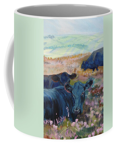 Cow Coffee Mug featuring the painting Black Cows on Dartmoor by Mike Jory