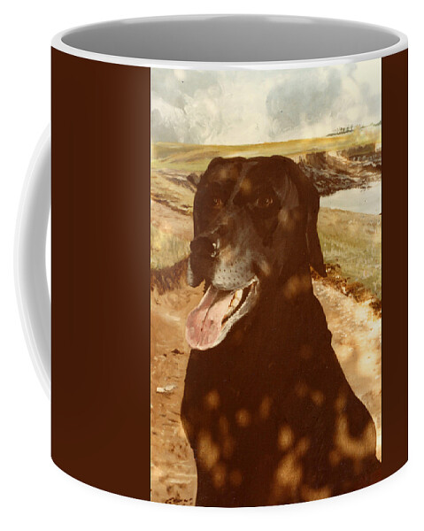 Labrador Coffee Mug featuring the painting Black Labrador in the shade of a tree by Mackenzie Moulton