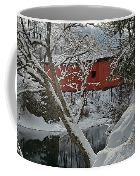 Slaughthouse Covered Bridge Coffee Mug featuring the photograph Blanket of white covers the Slaughterhouse covered bridge by Jeff Folger