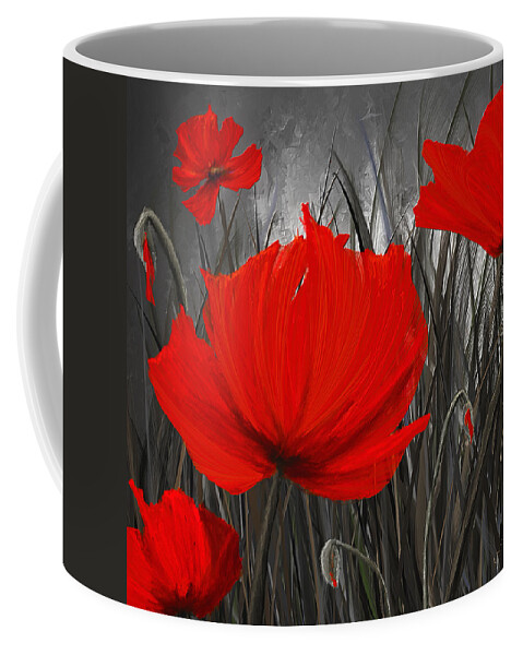 Poppies Coffee Mug featuring the painting Blood-Red Poppies - Red And Gray Art by Lourry Legarde