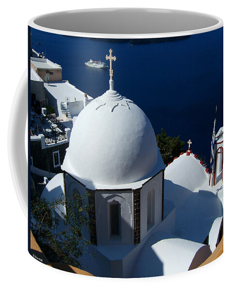 Santorini Oia Church Greece Greek Islands Cyclades Stucco Dome Cross Coffee Mug featuring the photograph Blue and White by Brenda Salamone