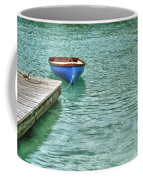Blue Coffee Mug featuring the digital art Blue Boat Off Dock by Michael Thomas