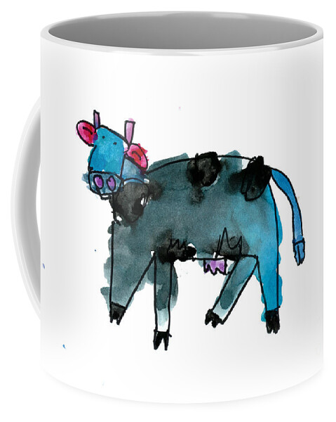 Cow Coffee Mug featuring the painting Blue Cow by Andrew Yap Age Six
