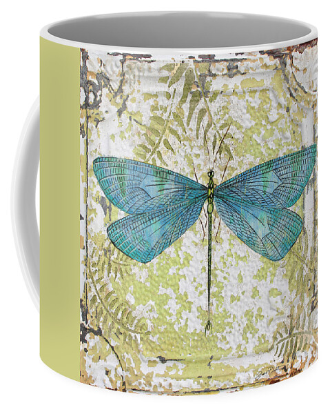 Acrylic Painting Coffee Mug featuring the painting Blue Dragonfly on Vintage Tin by Jean Plout