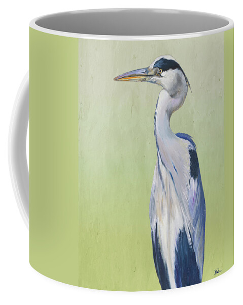 Blue Coffee Mug featuring the painting Blue Heron On Green II by Patricia Pinto