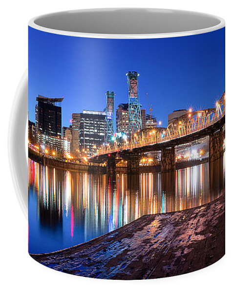 Portland Oregon Downtown Waterfront Hawthorne Bridge Dock Willamette River Dock Water Reflection Long Exposure Clear Skies Cloudless Dusk Blue Hour Evening Winter 2015 February Horizontal Cityscape Panorama Pano Coffee Mug featuring the photograph Blue Hour by Patrick Campbell