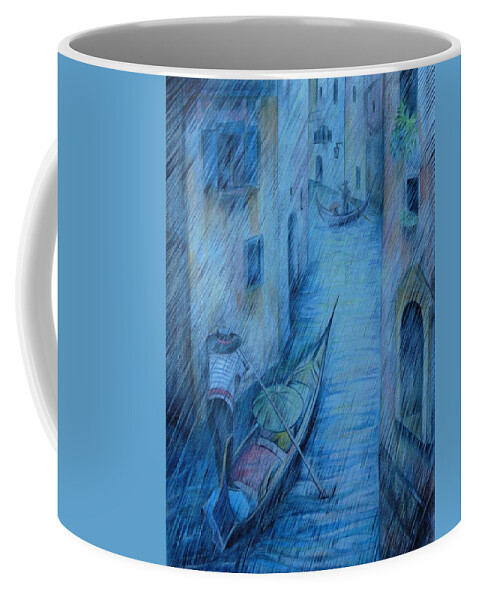 Travel Coffee Mug featuring the drawing Blue Rain of Venice by Anna Duyunova