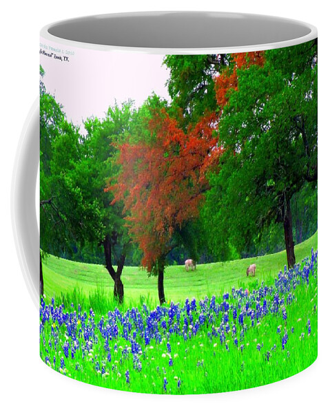 Spring Landscape Bluebonnets Coffee Mug featuring the digital art Bluebonnets With Red Flourish by Pamela Smale Williams