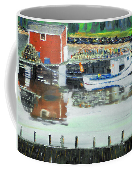 Boat Water Dock Fish Reflection Lobster Net Trap Pot Bouy Coffee Mug featuring the painting Boat at Louisburg NS by Michael Daniels