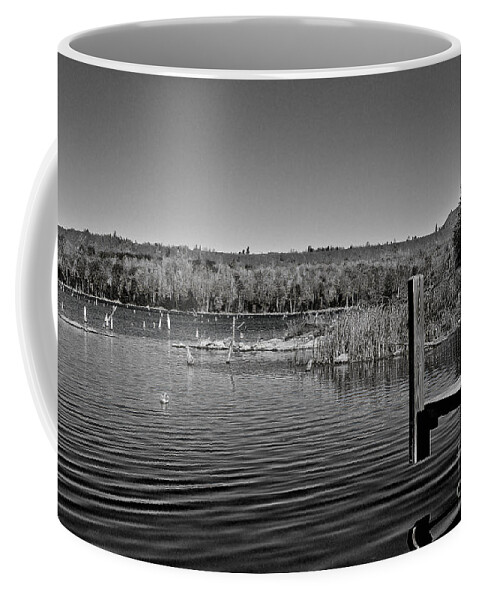 Black And White Photography Coffee Mug featuring the photograph Boat Dock Black and White by Gwen Gibson