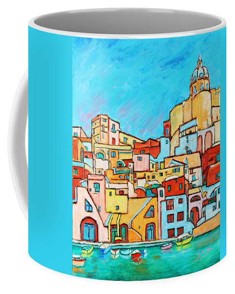 Campania Coffee Mug featuring the painting Boats In Front of the Buildings VII by Xueling Zou