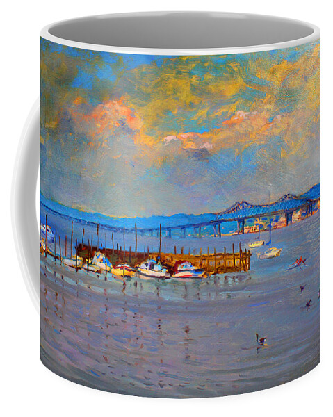 Piermont Ny Coffee Mug featuring the painting Boats in Piermont harbor NY by Ylli Haruni