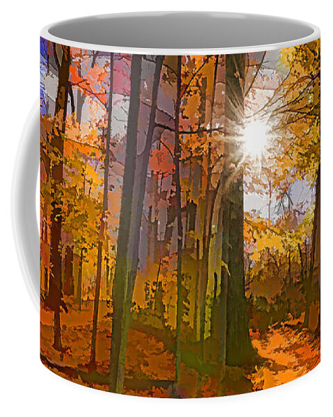 Impression Coffee Mug featuring the digital art Bold and Colorful Autumn Forest Impression by Georgia Mizuleva