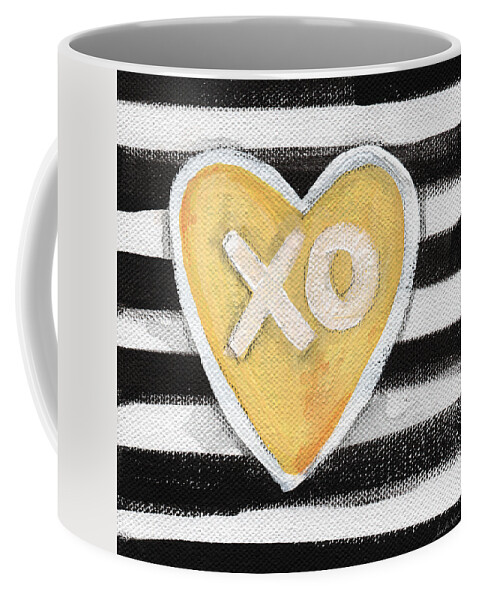 Love Heart Valentine Romance Stripes Black White Yellow Grey Pop Art Contemporary Art Watercolor Ink Painting Xo Family Friend Wife Husband Bedroom Art Kitchen Art Living Room Art Gallery Wall Art Art For Interior Designers Hospitality Art Set Design Wedding Gift Art By Linda Woodspillow Coffee Mug featuring the painting Bold Love by Linda Woods