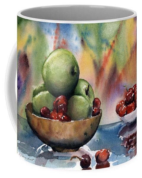Apples And Cherries Coffee Mug featuring the painting Apples in a Wooden Bowl With Cherries on the Side by Maria Hunt