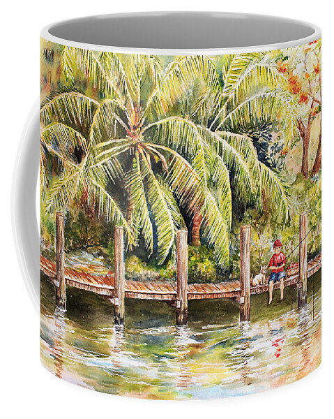 Ft Lauderdale Coffee Mug featuring the painting Boy Fishing with Dog by Janis Lee Colon