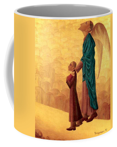 Boy Leading The Blind Angel Coffee Mug featuring the painting Boy Leading the Blind Angel by Israel Tsvaygenbaum